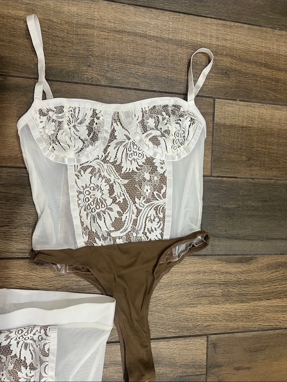 JLUXLABEL White Lace & Brown Mesh Two-Piece Bodysuit Set - Picture 8 of 9